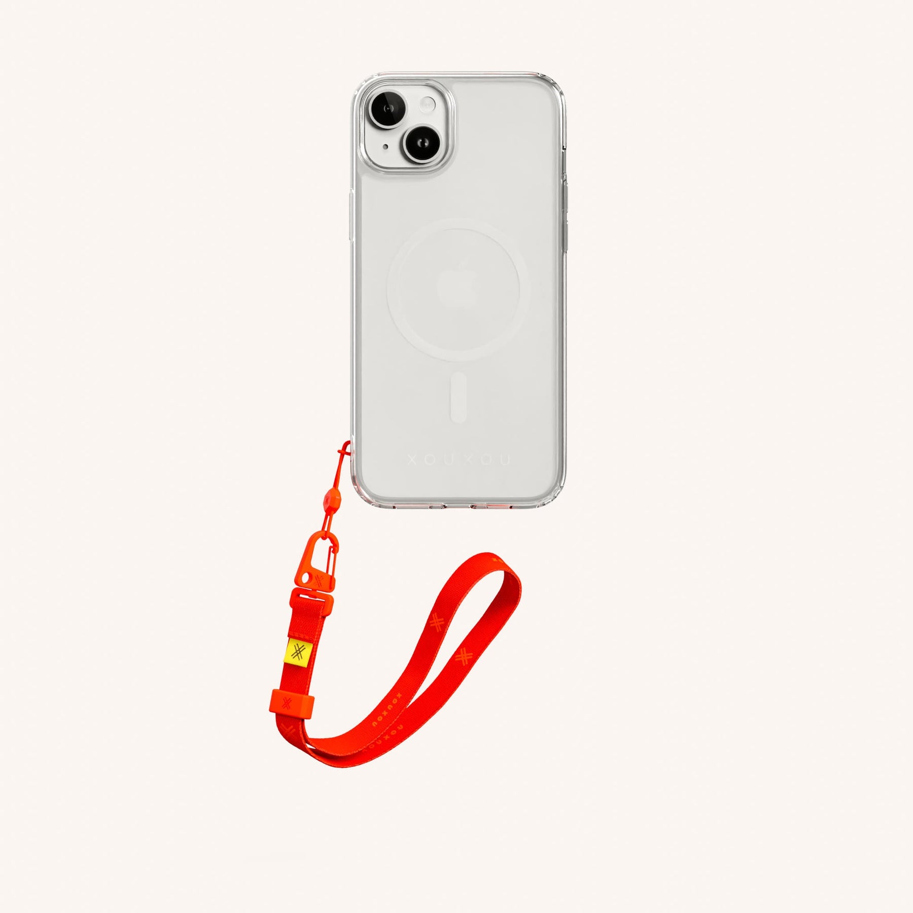 Phone Case with Wrist Strap in Clear + Neon Orange