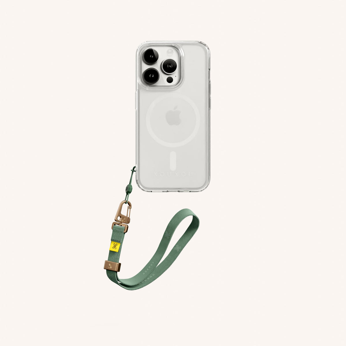 Phone Case with Wrist Strap for iPhone 15 Pro with MagSafe in Clear + Sage Total View | XOUXOU #phone model_iphone 15 pro
