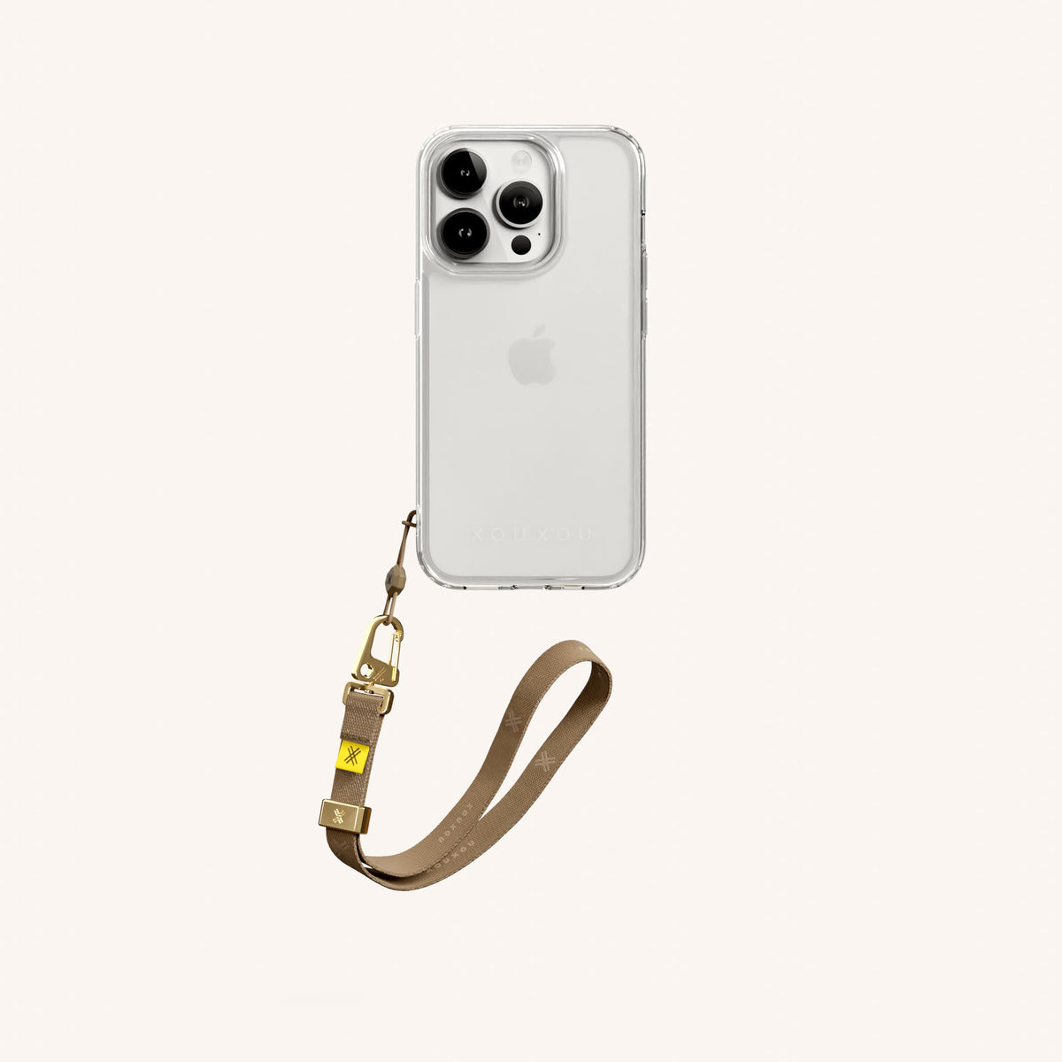 Phone Case with Wrist Strap for iPhone 15 Pro without MagSafe in Clear + Taupe Total View | XOUXOU #phone model_iphone 15 pro