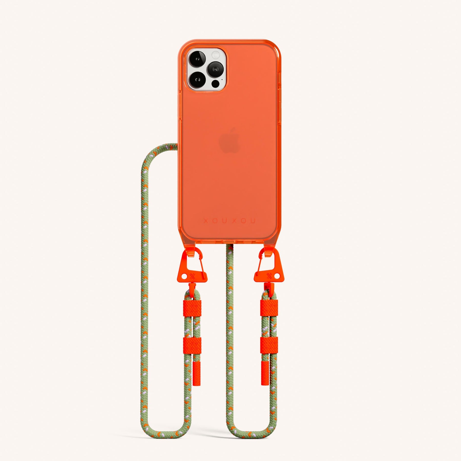 Phone Necklace with Carabiner Rope in Neon Orange Clear + Orange Camouflage
