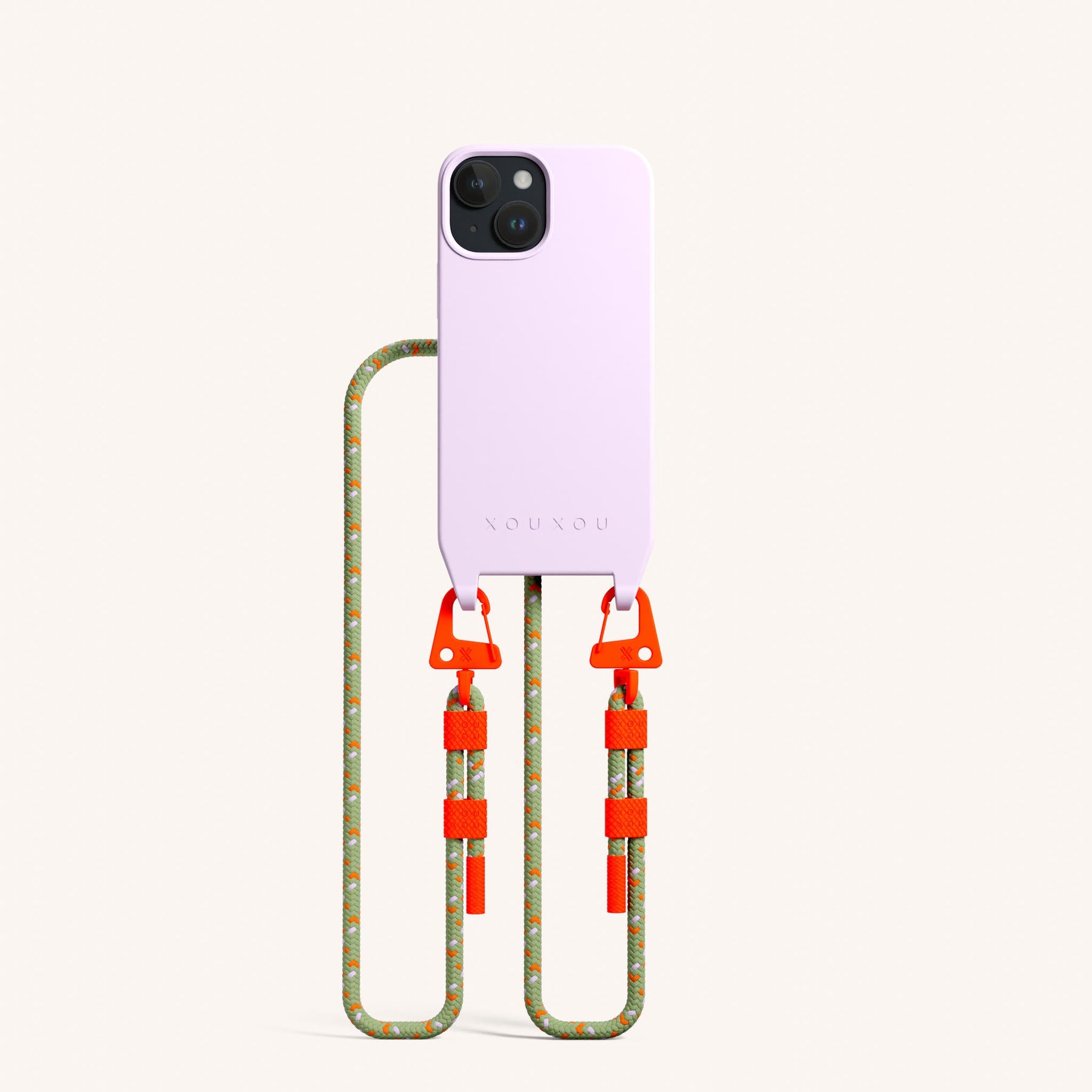 Phone Necklace with Carabiner Rope in Lilac + Orange Camouflage