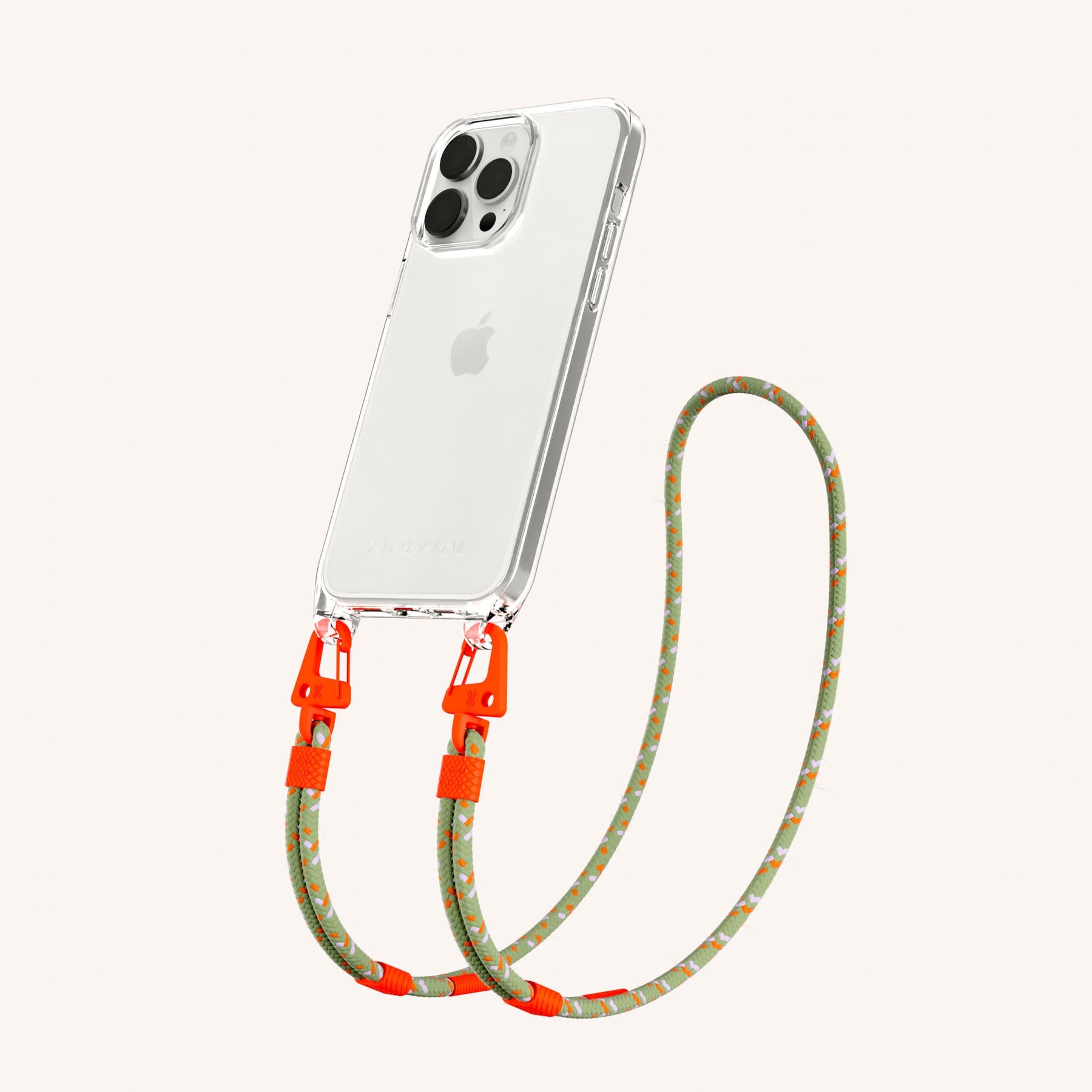 Phone Necklace with Carabiner Rope in Clear + Orange Camouflage