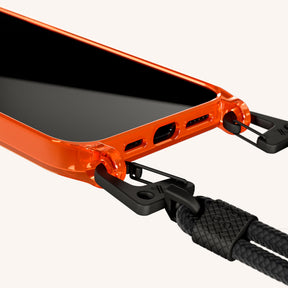 Phone Necklace with Carabiner Rope in Neon Orange Clear + Black