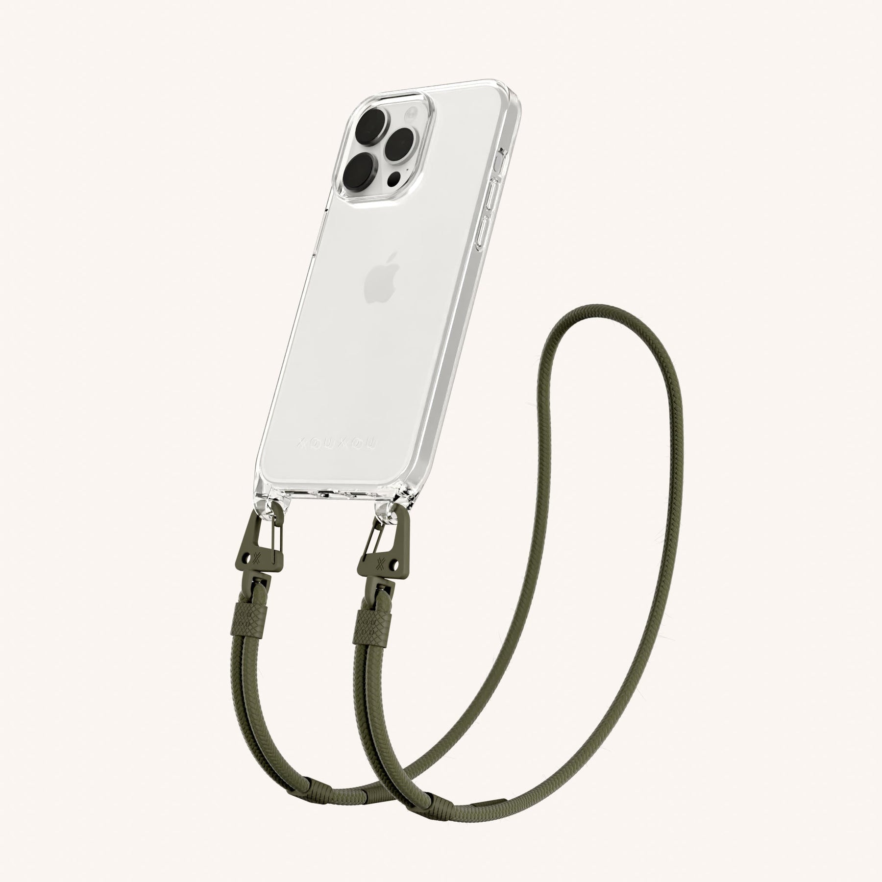 Phone Necklace with Carabiner Rope in Clear + Moss