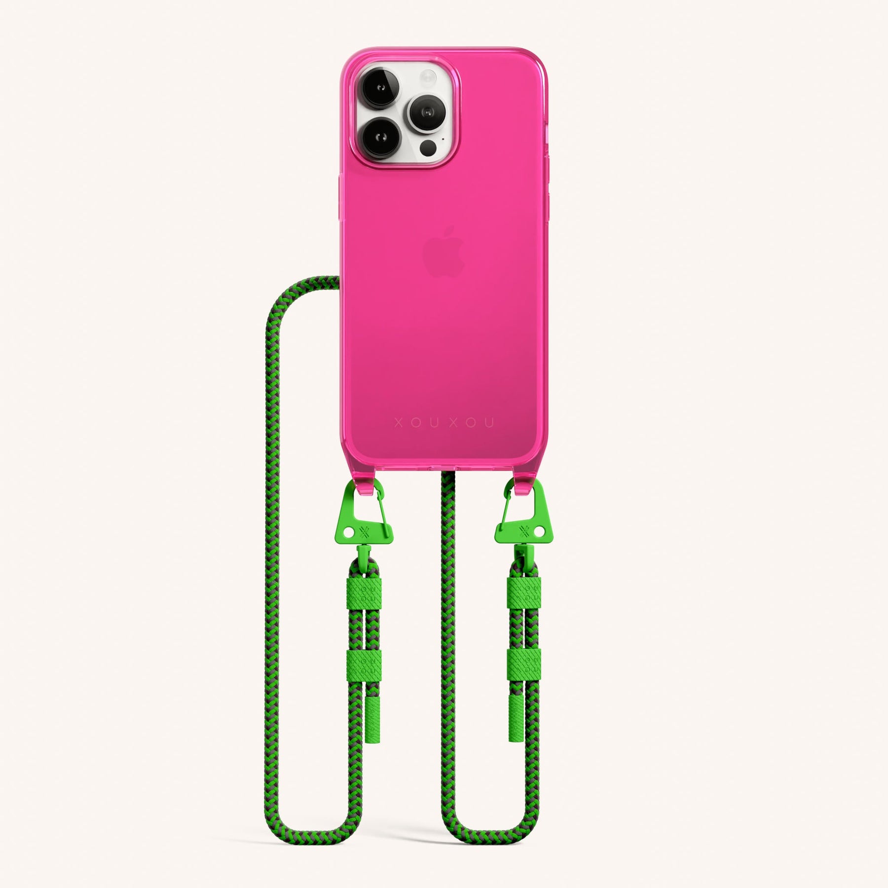 Phone Necklace with Carabiner Rope in Cyber Pink Clear + Acid