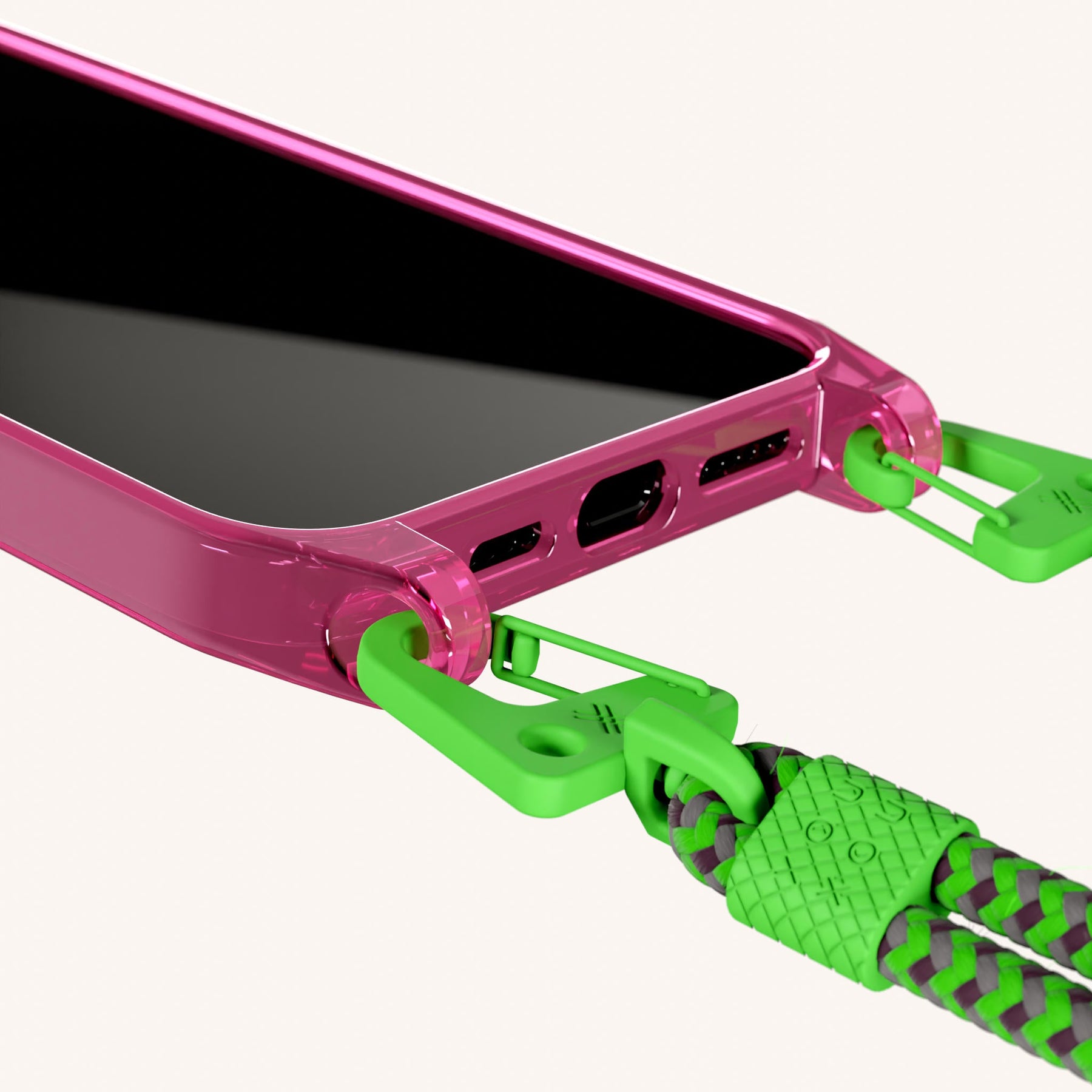 Phone Necklace with Carabiner Rope in Cyber Pink Clear + Acid