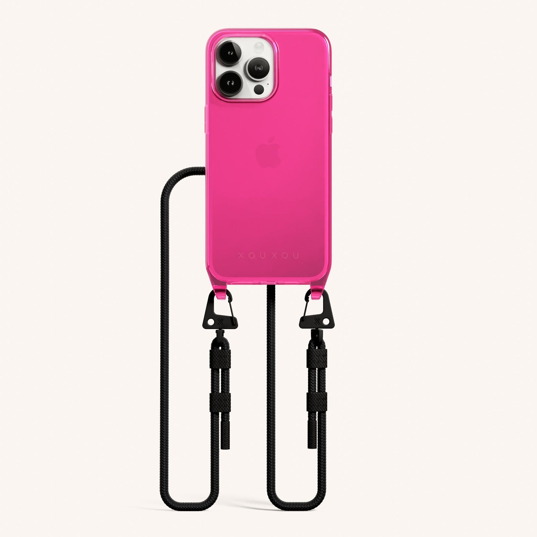 Phone Necklace with Carabiner Rope in Cyber Pink Clear + Black