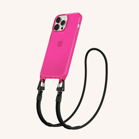 Phone Necklace with Carabiner Rope in Cyber Pink Clear + Black