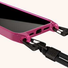 Phone Necklace with Carabiner Rope in Cyber Pink Clear + Black