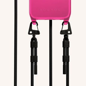 Phone Necklace with Carabiner Rope in Cyber Pink Clear + Black