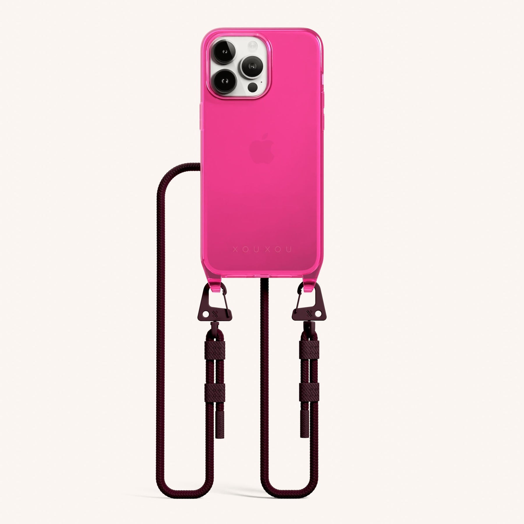 Phone Necklace with Carabiner Rope in Cyber Pink Clear + Burgundy