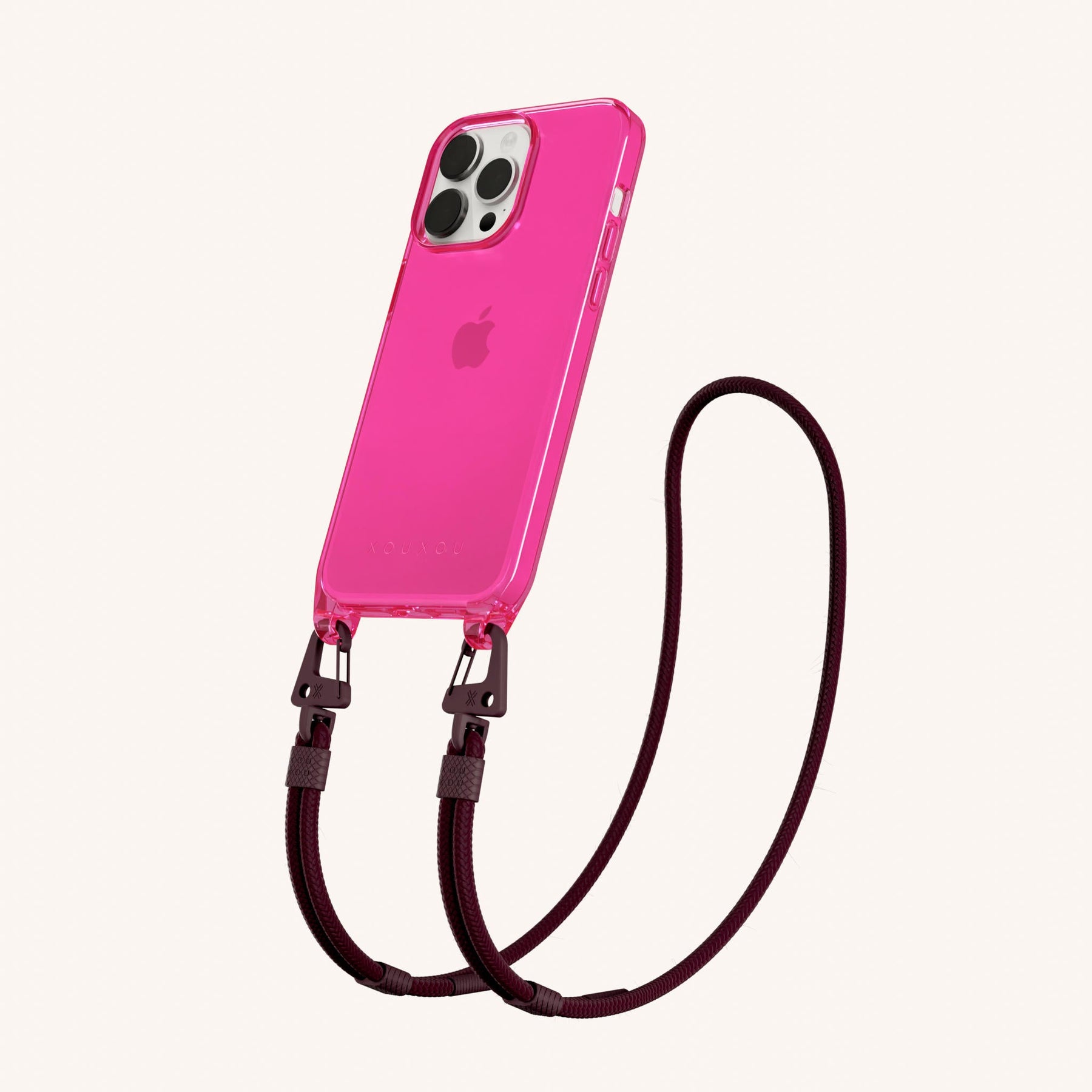 Phone Necklace with Carabiner Rope in Cyber Pink Clear + Burgundy