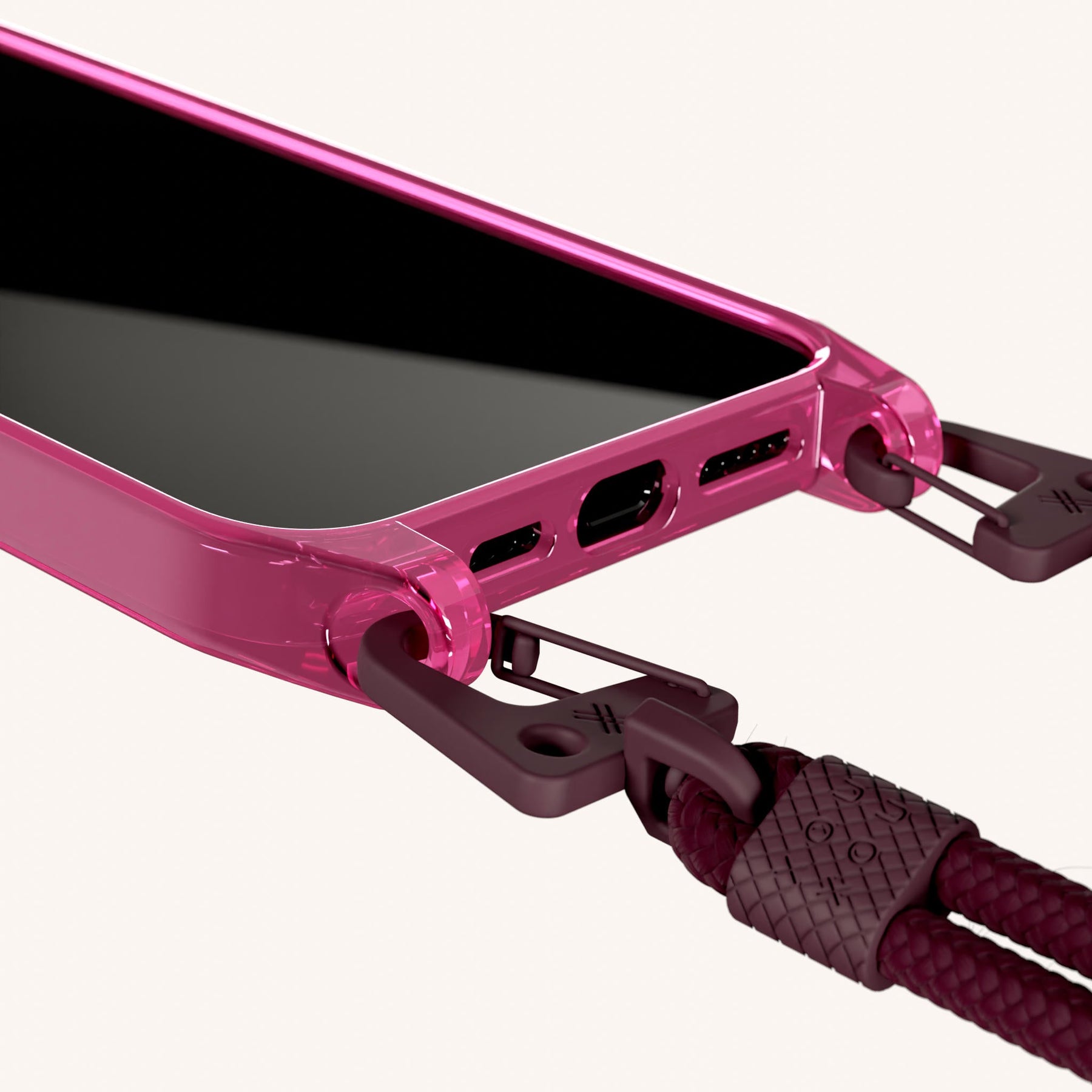 Phone Necklace with Carabiner Rope in Cyber Pink Clear + Burgundy