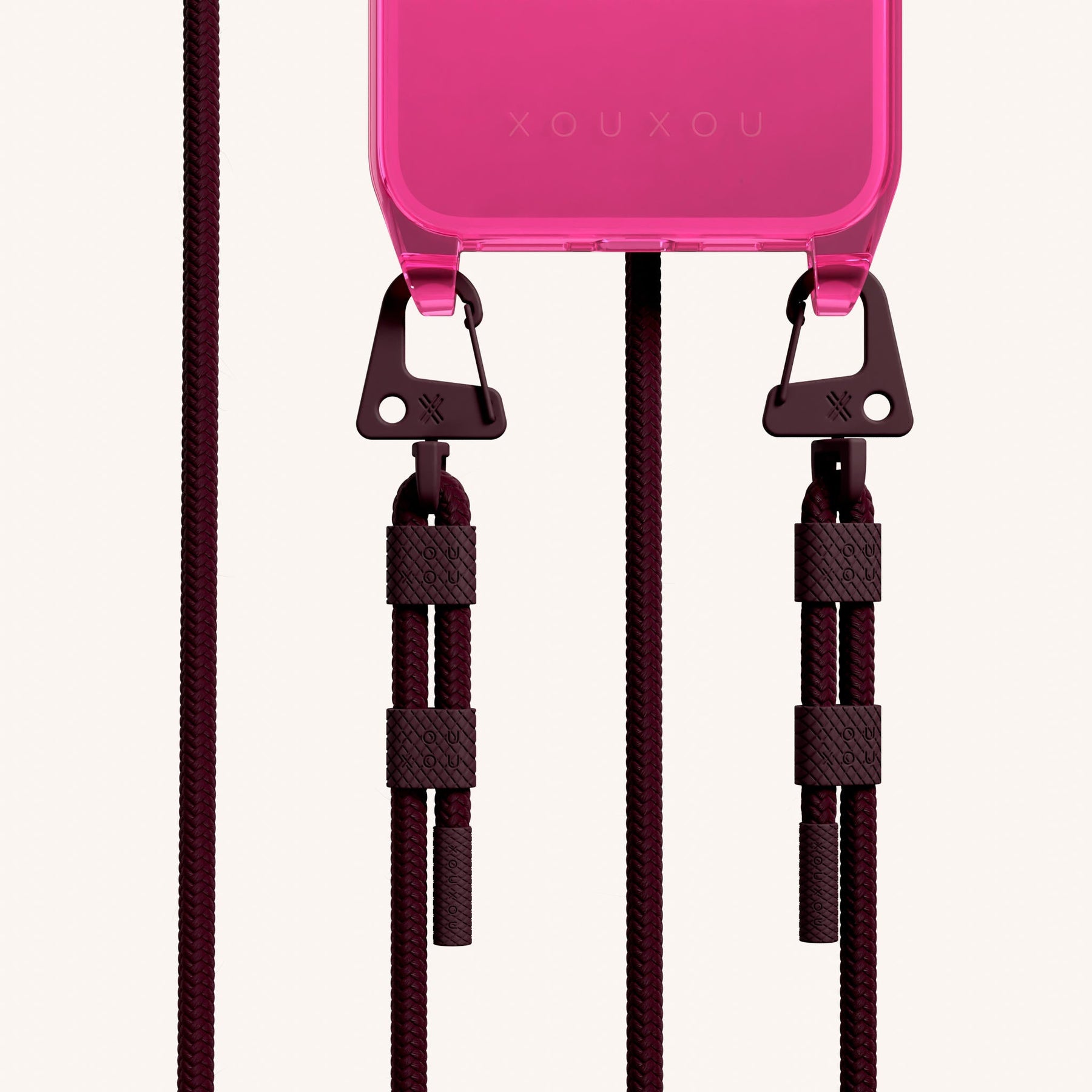 Phone Necklace with Carabiner Rope in Cyber Pink Clear + Burgundy