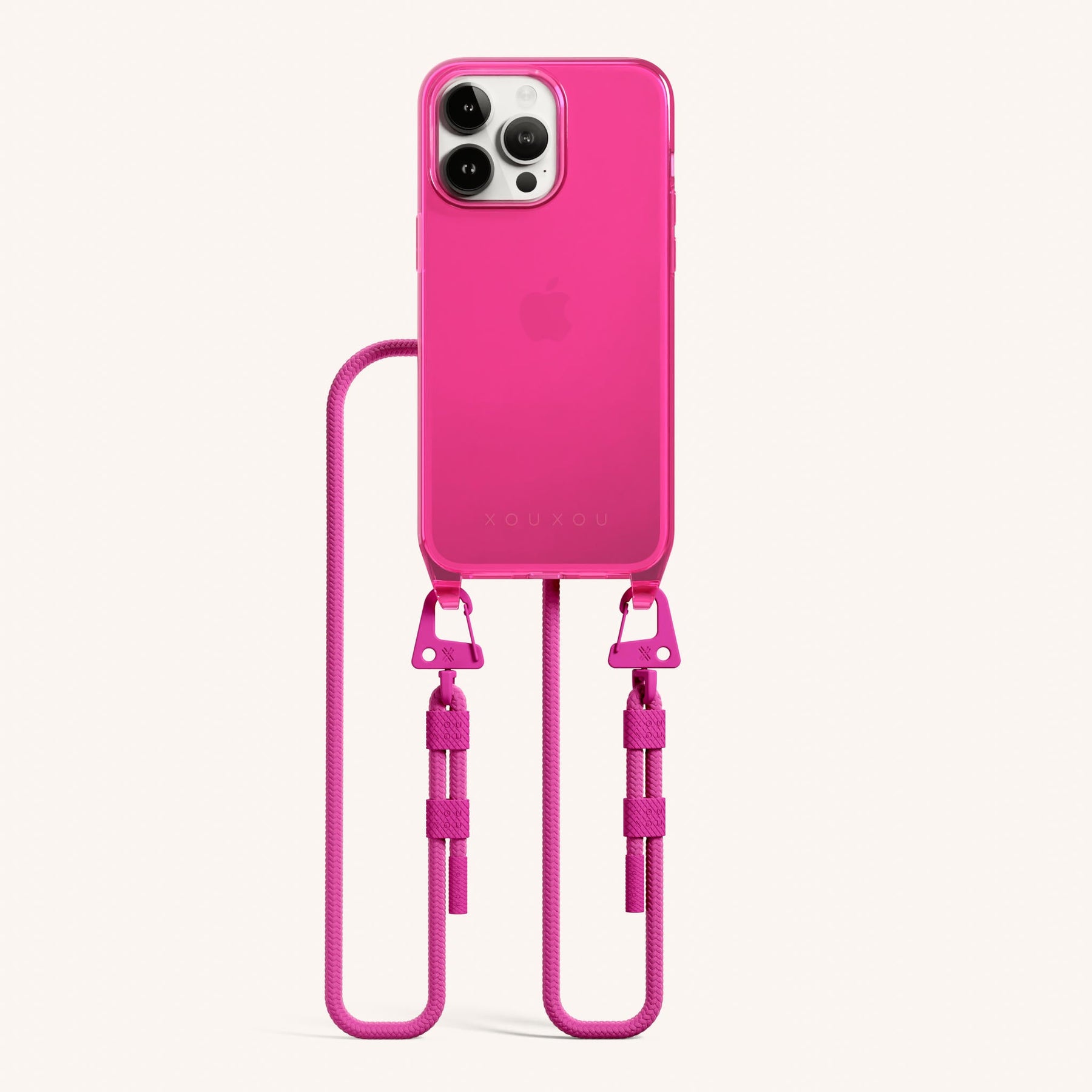 Phone Necklace with Carabiner Rope in Cyber Pink Clear + Power Pink