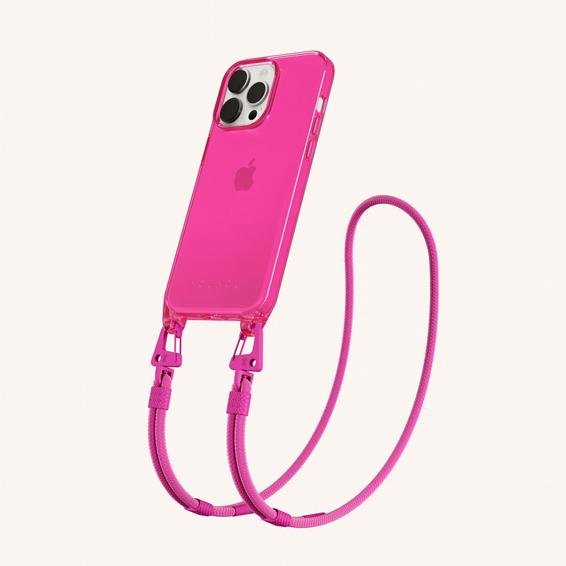 Phone Necklace with Carabiner Rope in Cyber Pink Clear + Power Pink