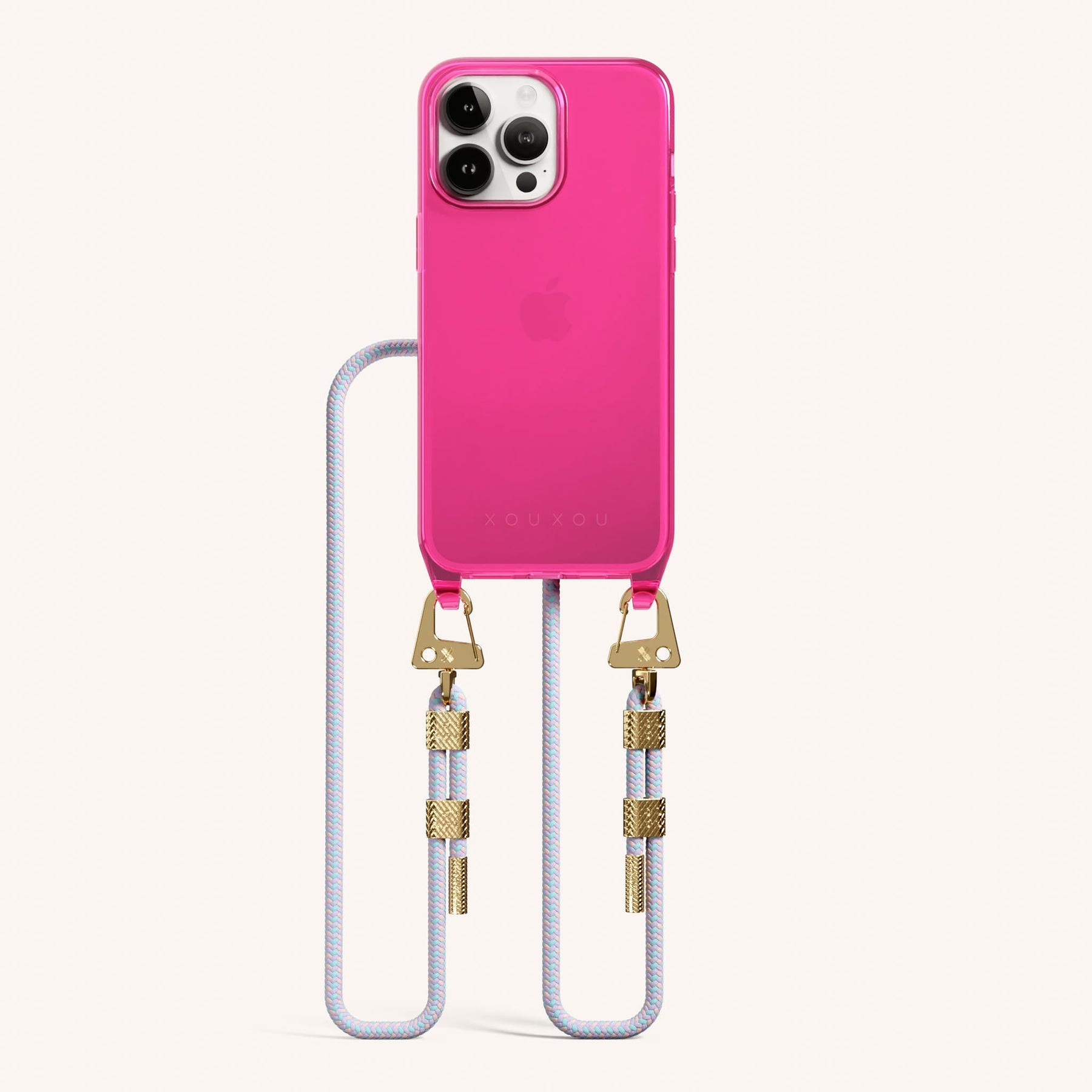 Phone Necklace with Carabiner Rope in Cyber Pink Clear + Vibrant Pastel