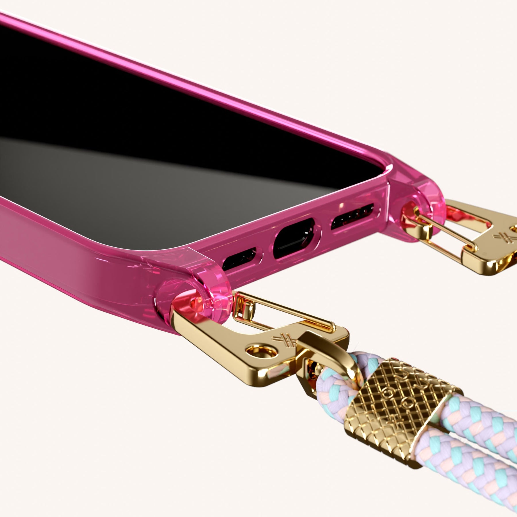 Phone Necklace with Carabiner Rope in Cyber Pink Clear + Vibrant Pastel