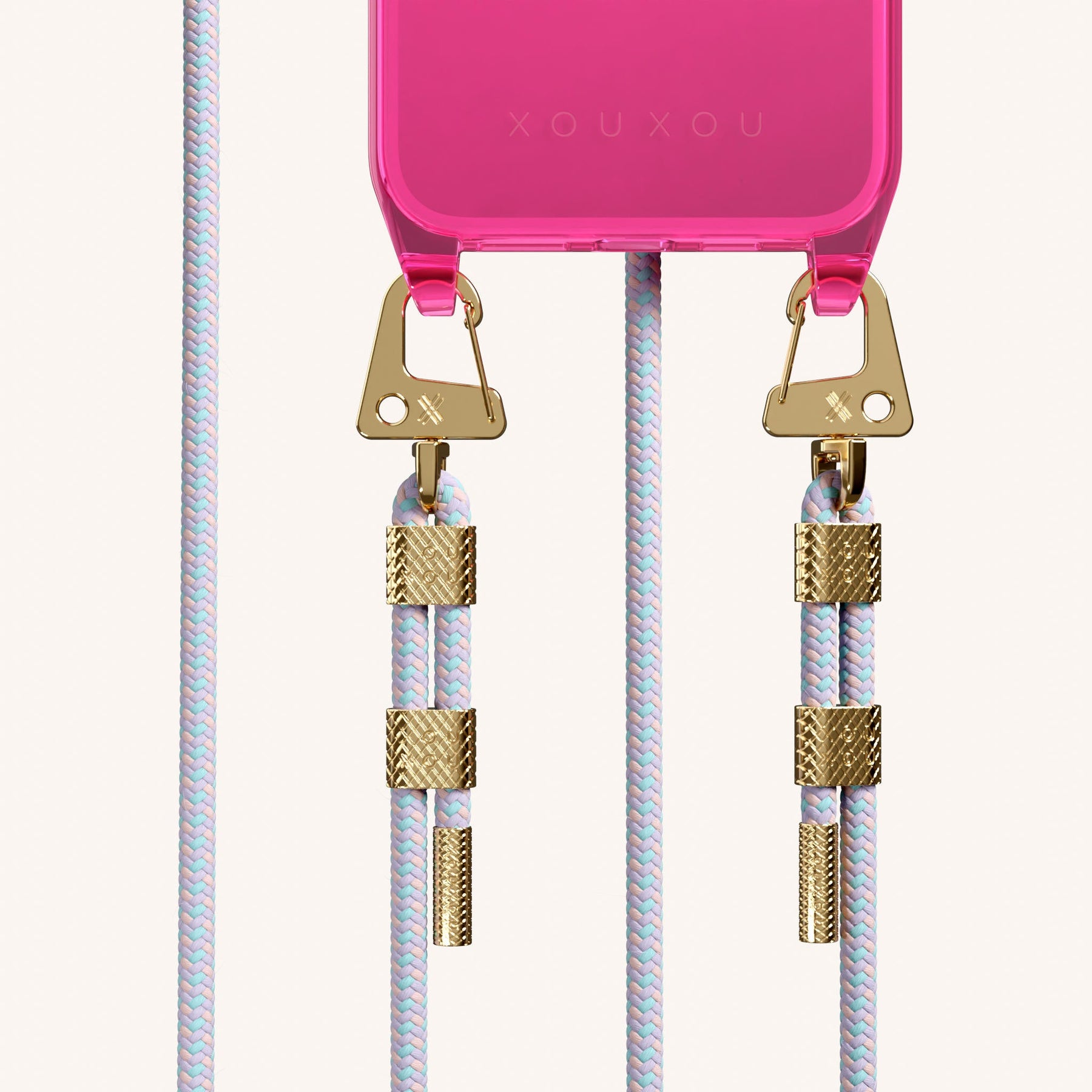 Phone Necklace with Carabiner Rope in Cyber Pink Clear + Vibrant Pastel