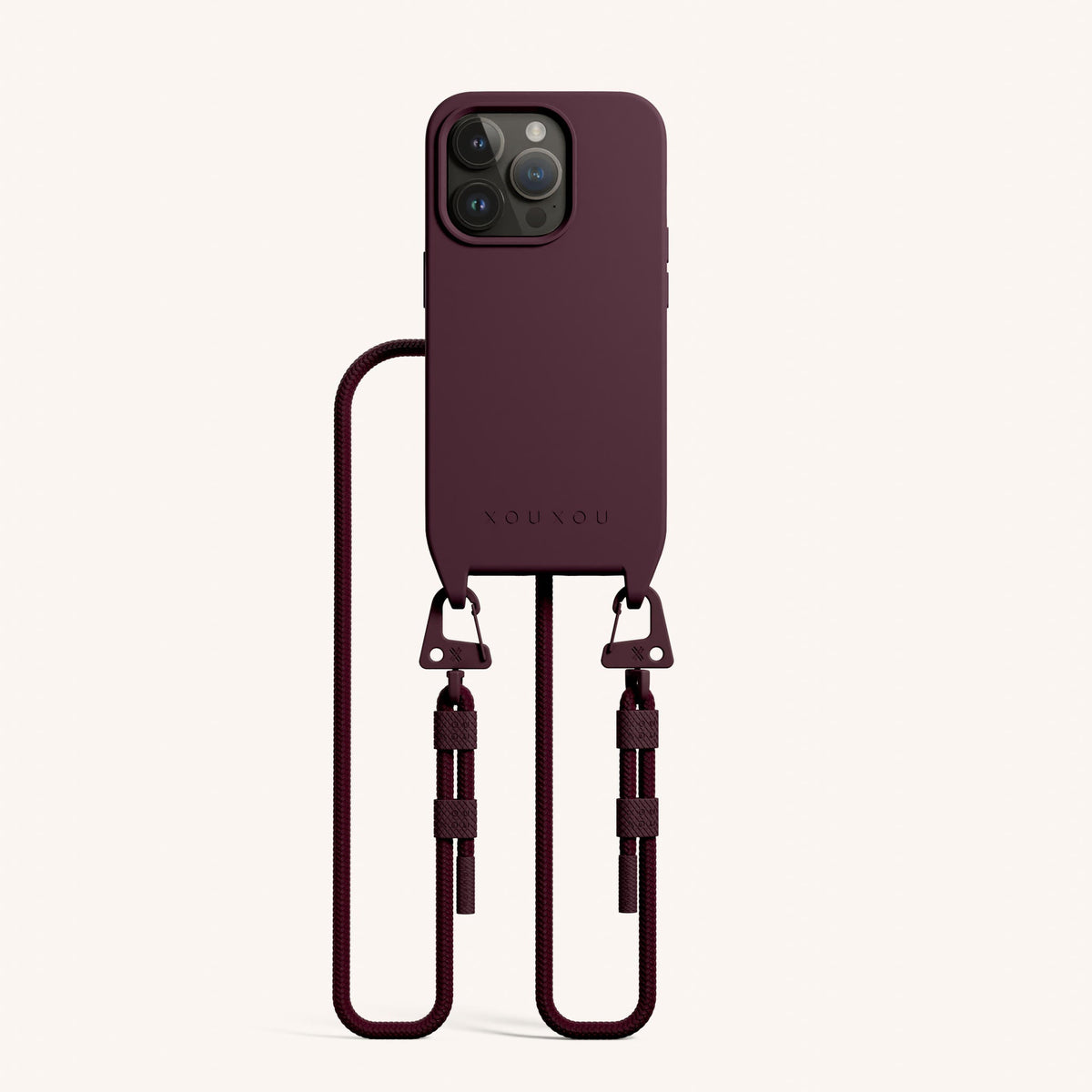 Phone Necklace with Carabiner Rope for iPhone 15 Pro with MagSafe in Burgundy Total View | XOUXOU #phone model_iphone 15 pro