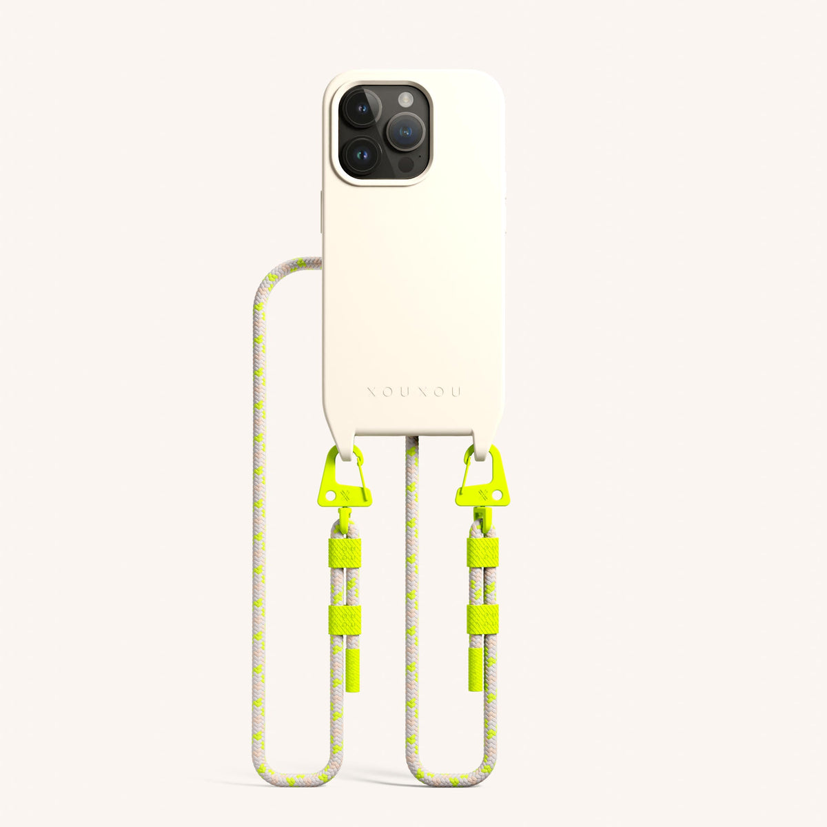 Phone Necklace with Carabiner Rope for iPhone 15 Pro with MagSafe in Chalk + Neon Camouflage Total View | XOUXOU #phone model_iphone 15 pro
