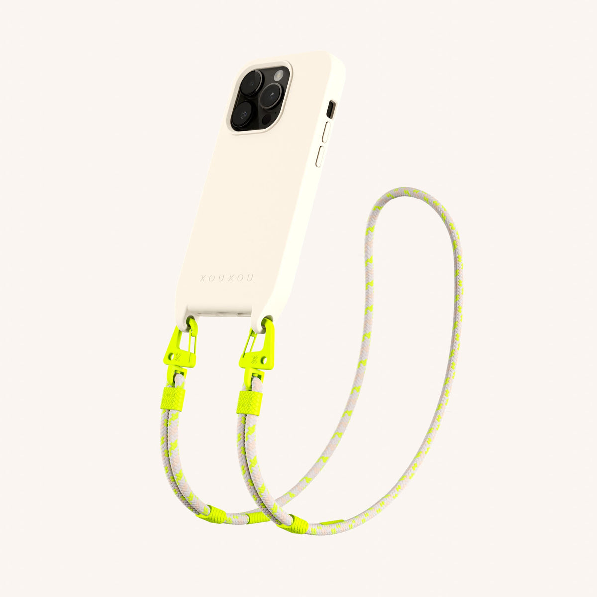 Phone Necklace with Carabiner Rope for iPhone 15 Pro with MagSafe in Chalk + Neon Camouflage Perspective View | XOUXOU #phone model_iphone 15 pro