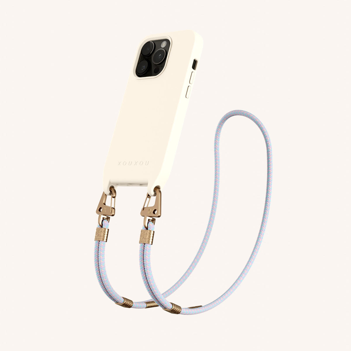 Phone Necklace with Carabiner Rope for iPhone 15 Pro with MagSafe in Chalk + Vibrant Pastel Perspective View | XOUXOU #phone model_iphone 15 pro