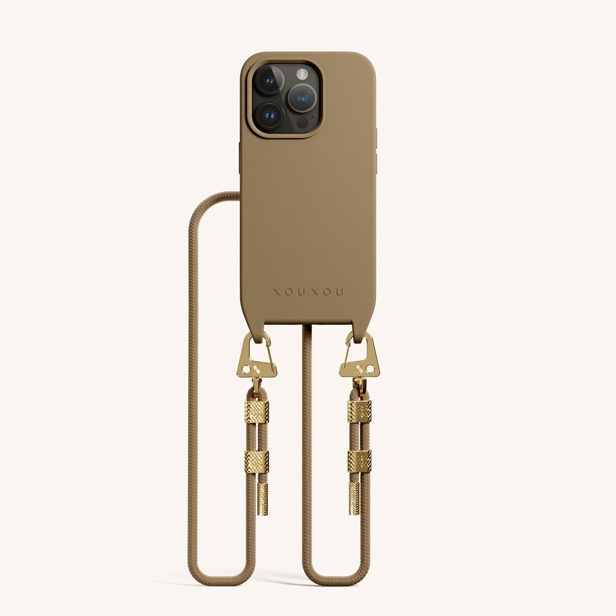 Phone Necklace with Carabiner Rope for iPhone 15 Pro with MagSafe in Taupe Total View | XOUXOU #phone model_iphone 15 pro