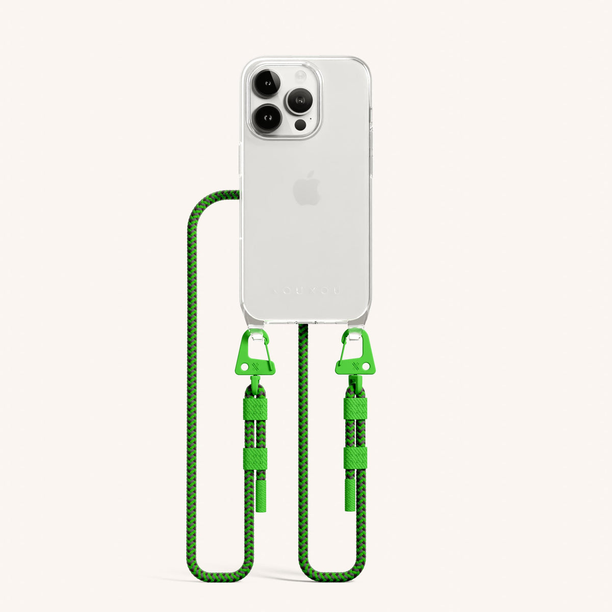 Clear Phone Necklace with Carabiner Rope for iPhone 15 Pro without MagSafe in Clear + Neon Green Total View | XOUXOU #phone model_iphone 15 pro