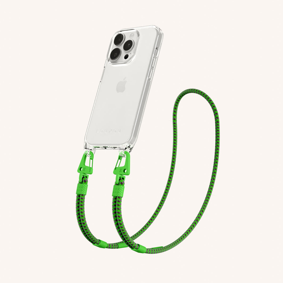 Clear Phone Necklace with Carabiner Rope for iPhone 15 Pro without MagSafe in Clear + Neon Green Perspective View | XOUXOU #phone model_iphone 15 pro