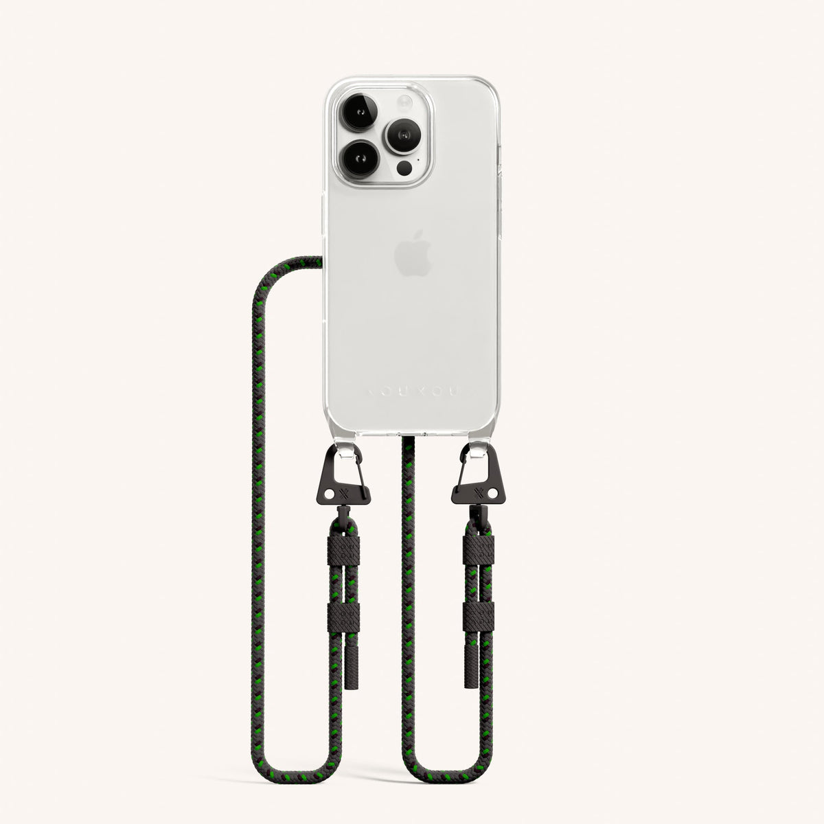 Clear Phone Necklace with Carabiner Rope for iPhone 15 Pro without MagSafe in Clear + Ash Total View | XOUXOU #phone model_iphone 15 pro