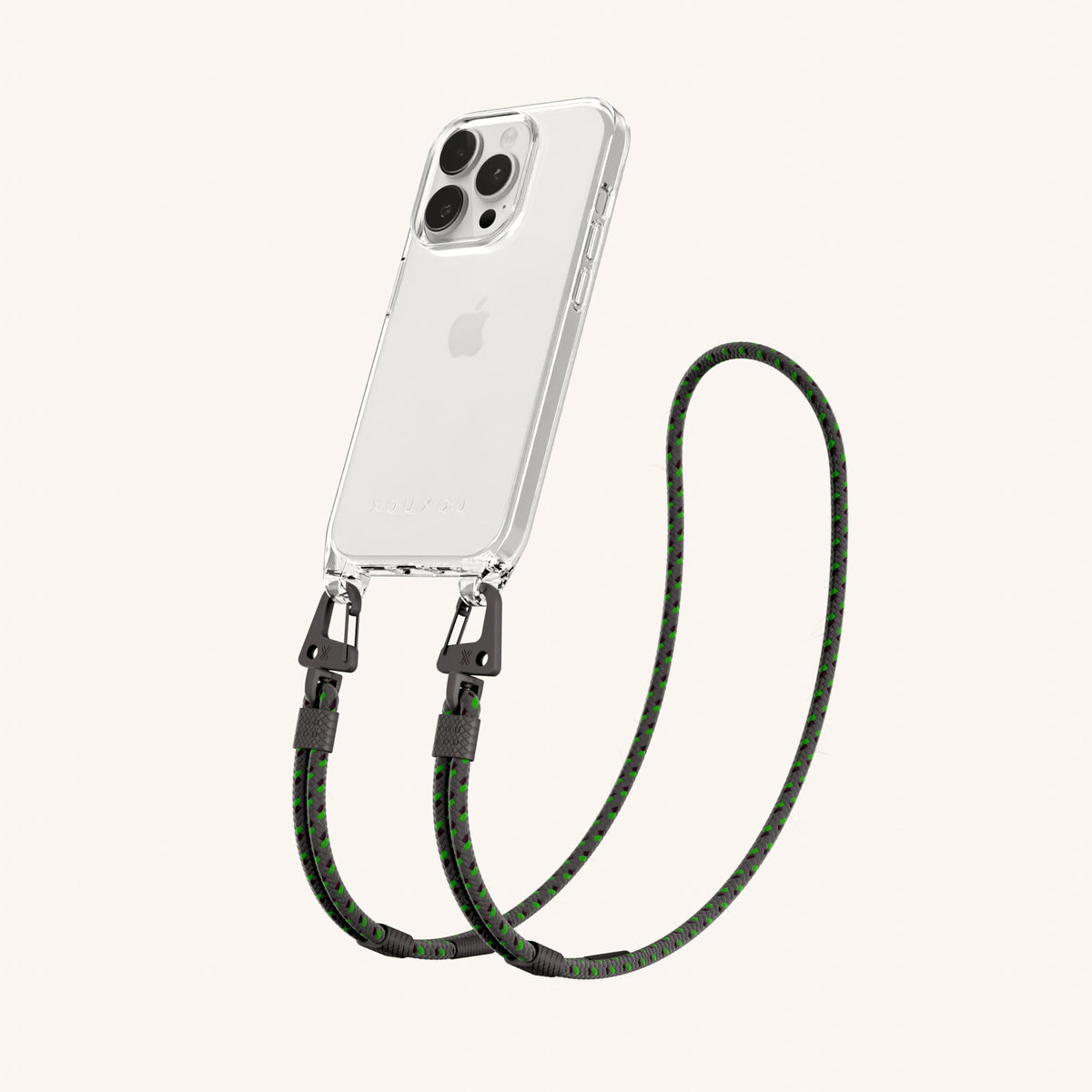 Clear Phone Necklace with Carabiner Rope for iPhone 15 Pro without MagSafe in Clear + Ash Perspective View | XOUXOU #phone model_iphone 15 pro