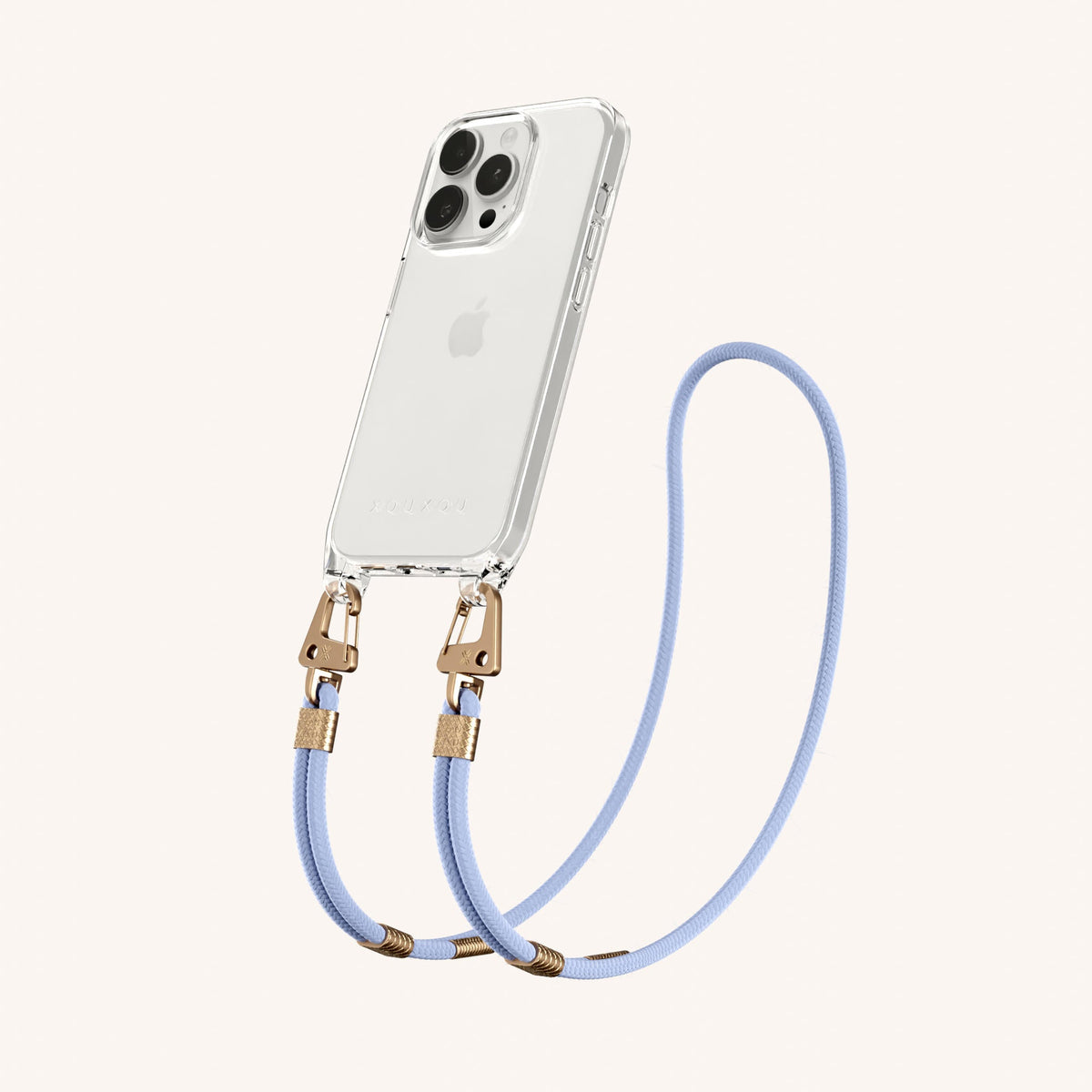 Clear Phone Necklace with Carabiner Rope for iPhone 15 Pro without MagSafe in Clear + Baby Blue Perspective View | XOUXOU #phone model_iphone 15 pro