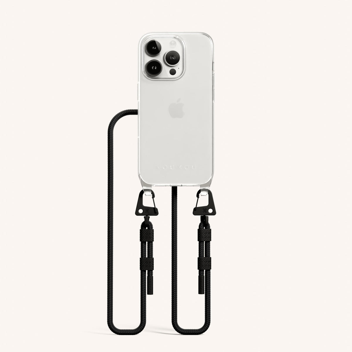 Clear Phone Necklace with Carabiner Rope for iPhone 15 Pro without MagSafe in Clear + Black Total View | XOUXOU #phone model_iphone 15 pro