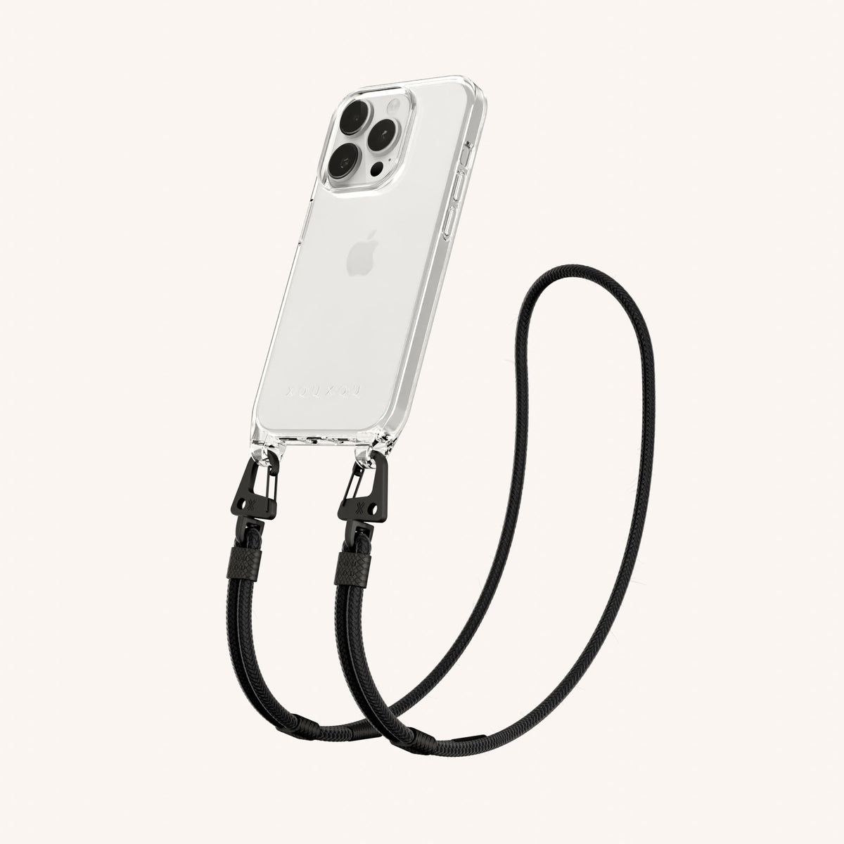 Clear Phone Necklace with Carabiner Rope for iPhone 15 Pro without MagSafe in Clear + Black Perspective View | XOUXOU #phone model_iphone 15 pro