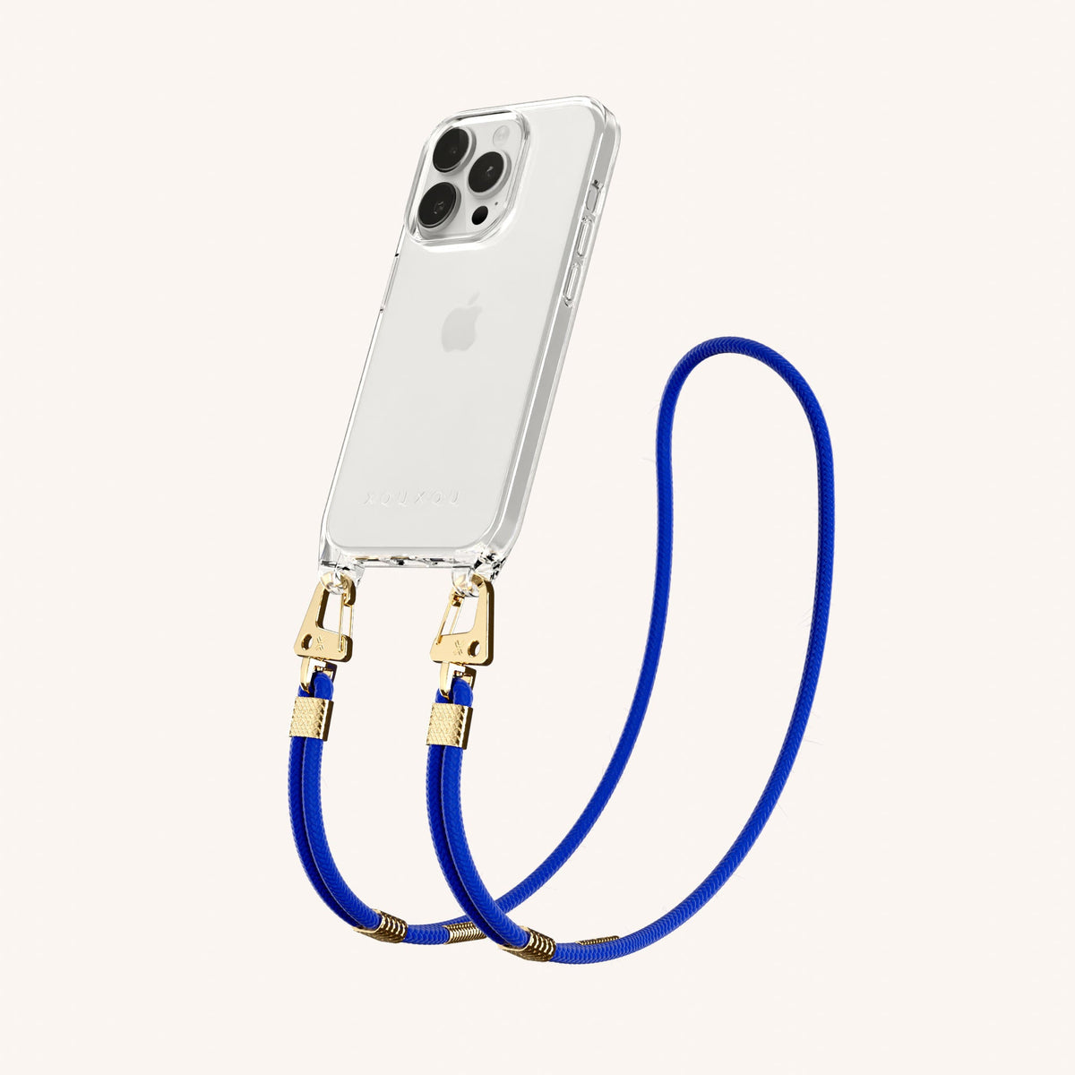 Clear Phone Necklace with Carabiner Rope for iPhone 15 Pro without MagSafe in Clear + Blue Perspective View | XOUXOU #phone model_iphone 15 pro