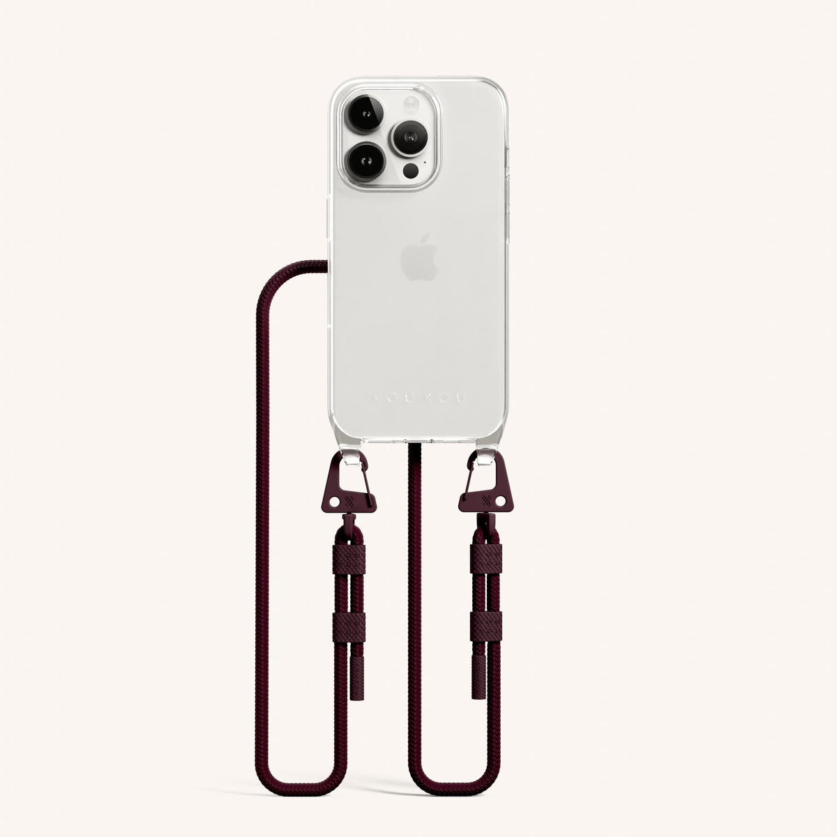 Clear Phone Necklace with Carabiner Rope for iPhone 15 Pro without MagSafe in Clear + Burgundy Total View | XOUXOU #phone model_iphone 15 pro