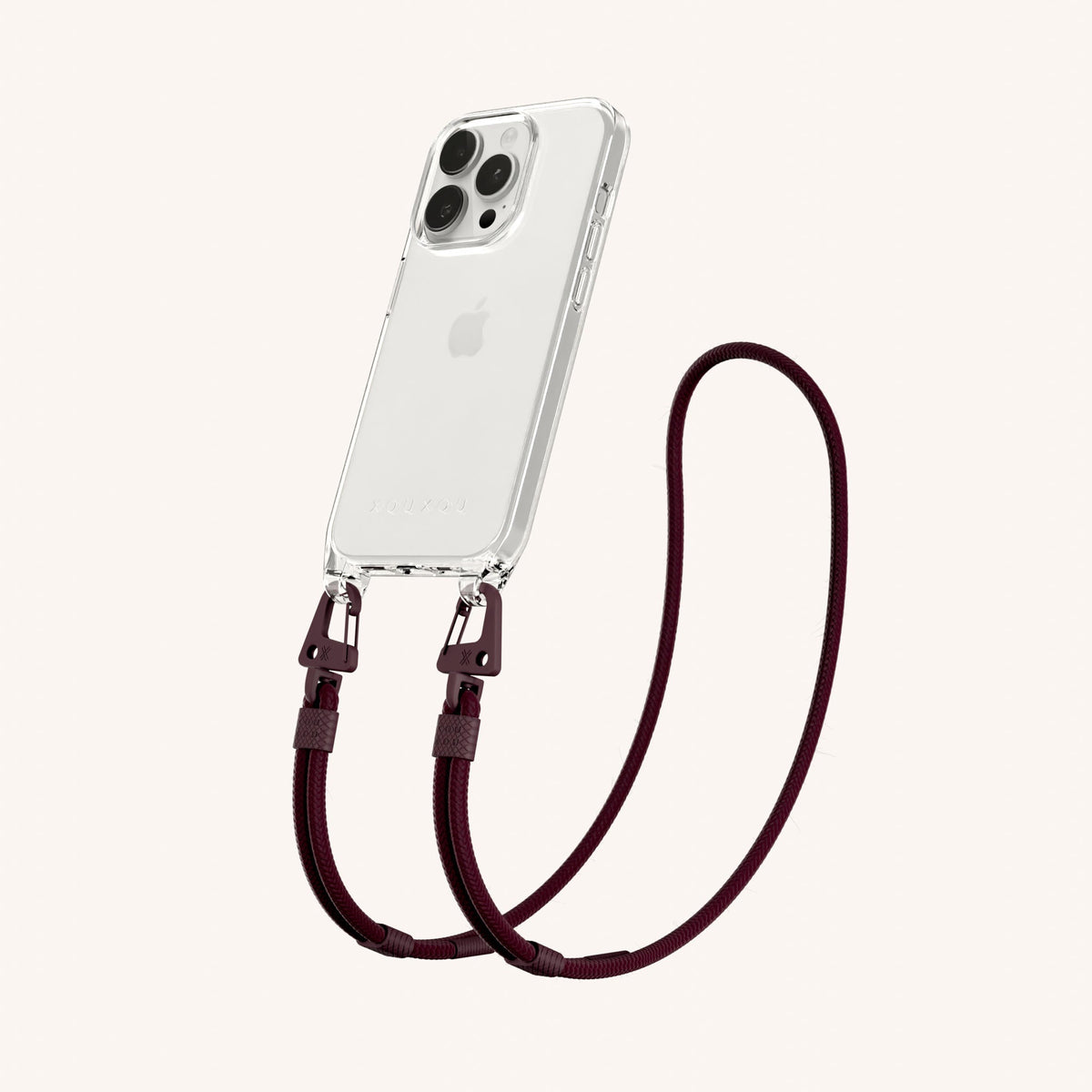 Clear Phone Necklace with Carabiner Rope for iPhone 15 Pro without MagSafe in Clear + Burgundy Perspective View | XOUXOU #phone model_iphone 15 pro