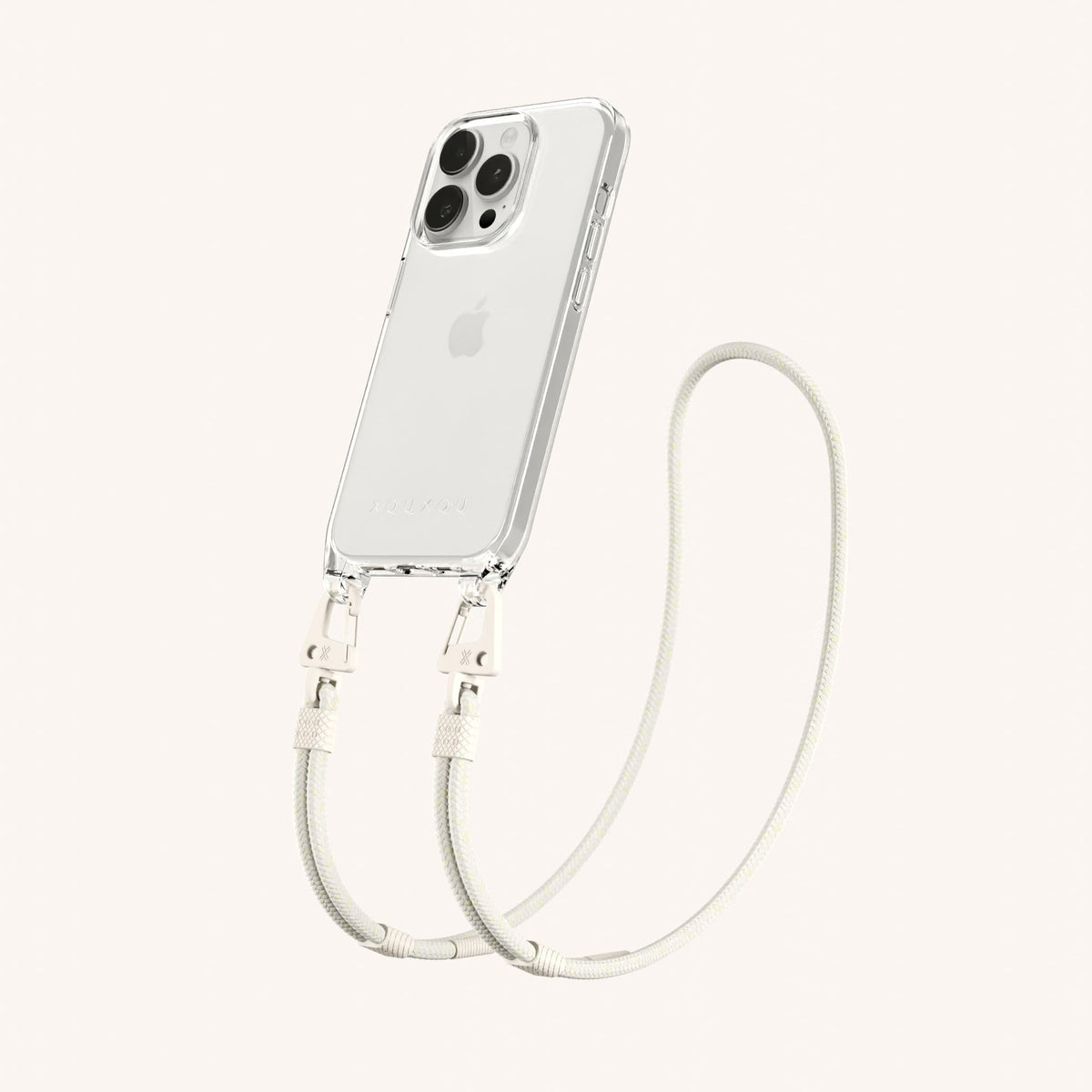 Clear Phone Necklace with Carabiner Rope for iPhone 15 Pro without MagSafe in Clear + Chalk Perspective View | XOUXOU #phone model_iphone 15 pro