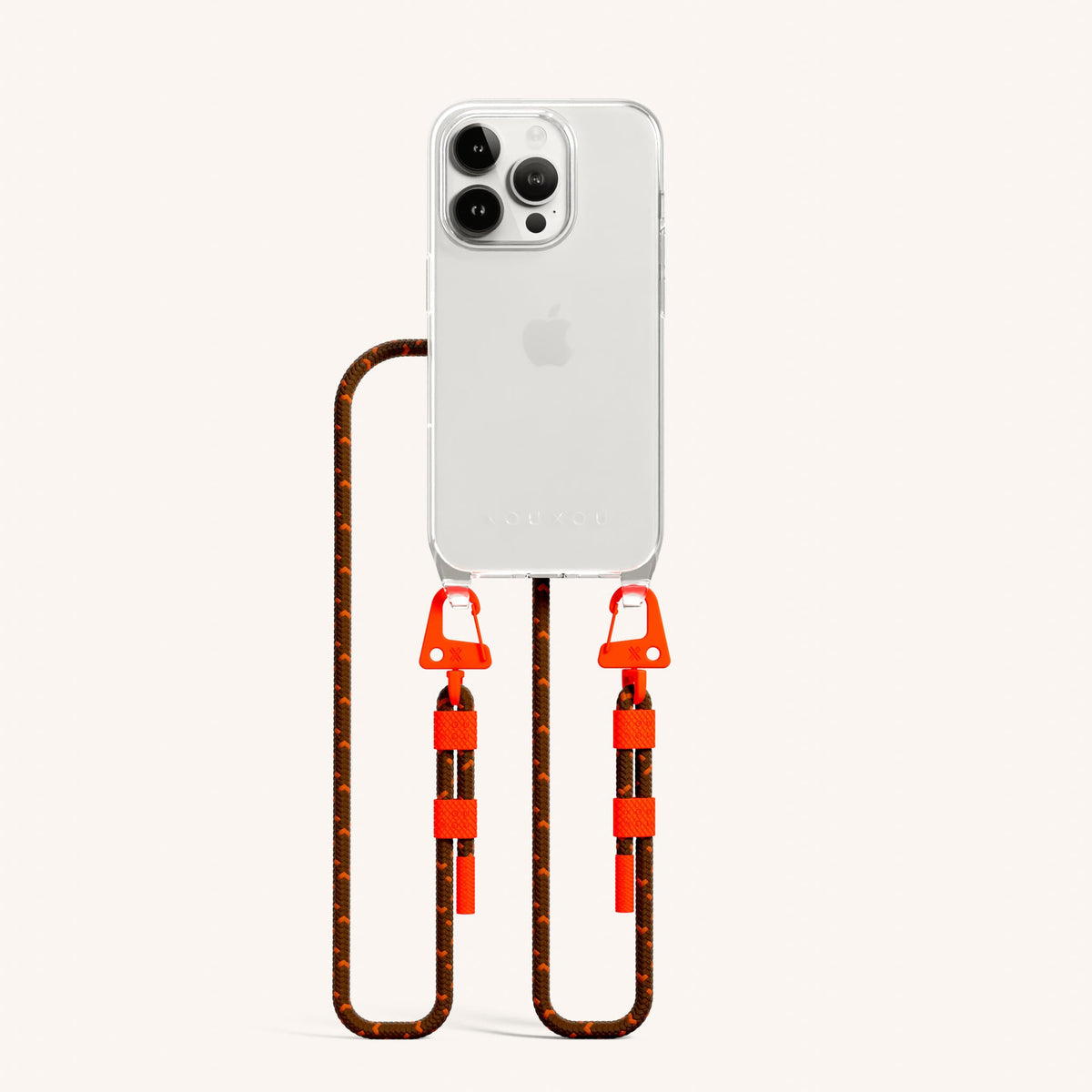 Clear Phone Necklace with Carabiner Rope for iPhone 15 Pro without MagSafe in Clear + Chestnut Total View | XOUXOU #phone model_iphone 15 pro