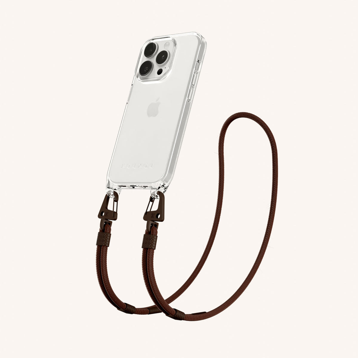 Clear Phone Necklace with Carabiner Rope for iPhone 15 Pro without MagSafe in Clear + Earth Perspective View | XOUXOU #phone model_iphone 15 pro