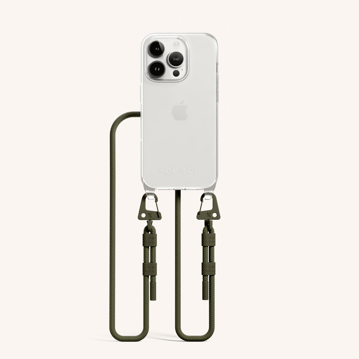 Clear Phone Necklace with Carabiner Rope for iPhone 15 Pro without MagSafe in Clear + Moss Total View | XOUXOU #phone model_iphone 15 pro
