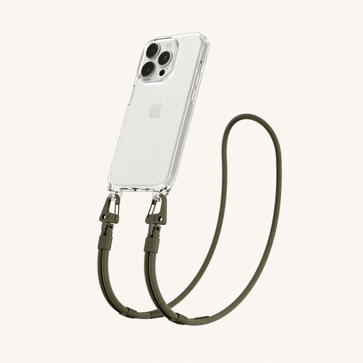 Clear Phone Necklace with Carabiner Rope for iPhone 15 Pro without MagSafe in Clear + Moss Perspective View | XOUXOU #phone model_iphone 15 pro