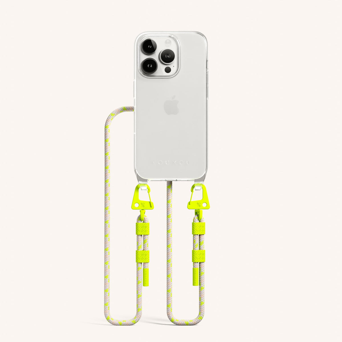 Clear Phone Necklace with Carabiner Rope for iPhone 15 Pro without MagSafe in Clear + Neon Camouflage Total View | XOUXOU #phone model_iphone 15 pro