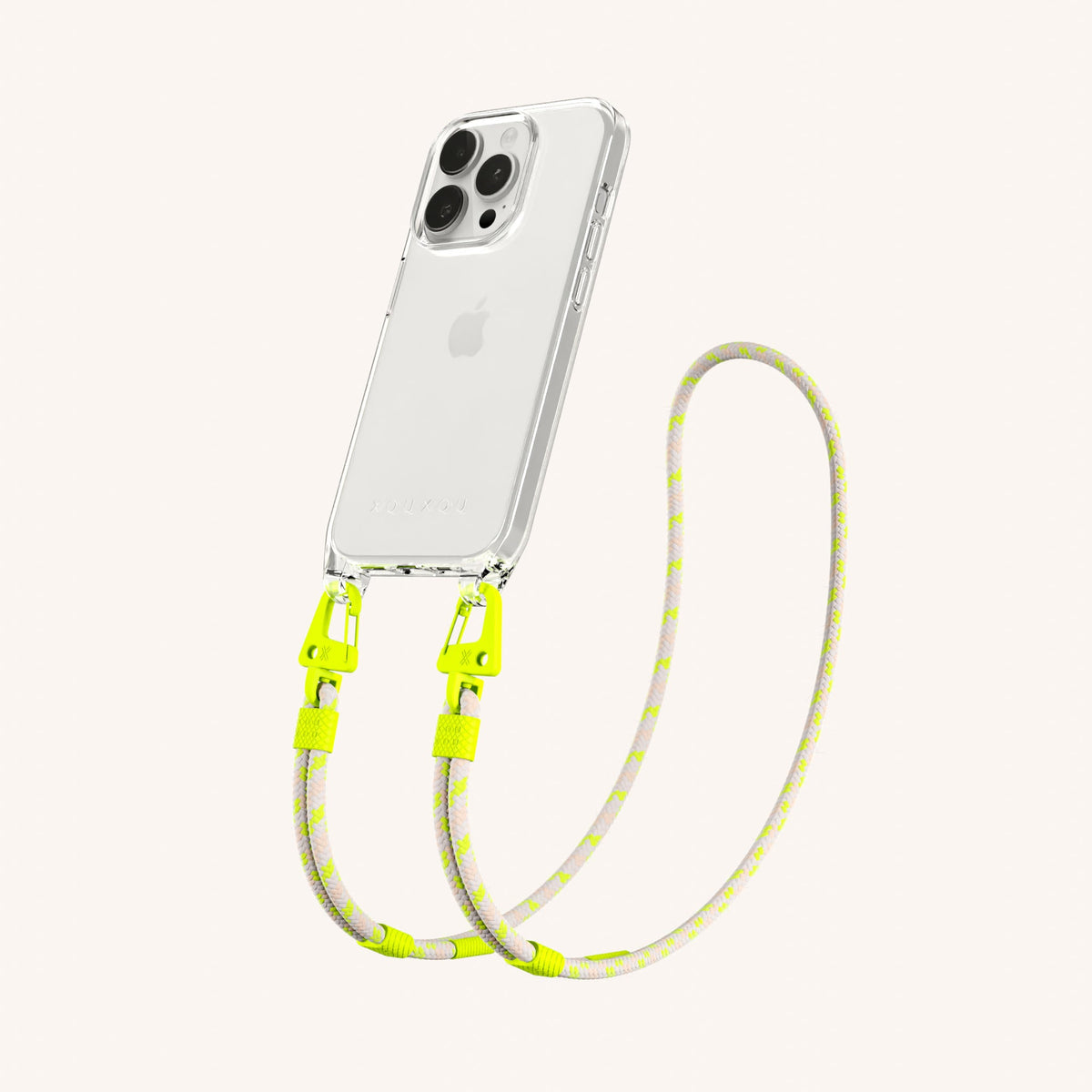 Clear Phone Necklace with Carabiner Rope for iPhone 15 Pro without MagSafe in Clear + Neon Camouflage Perspective View | XOUXOU #phone model_iphone 15 pro