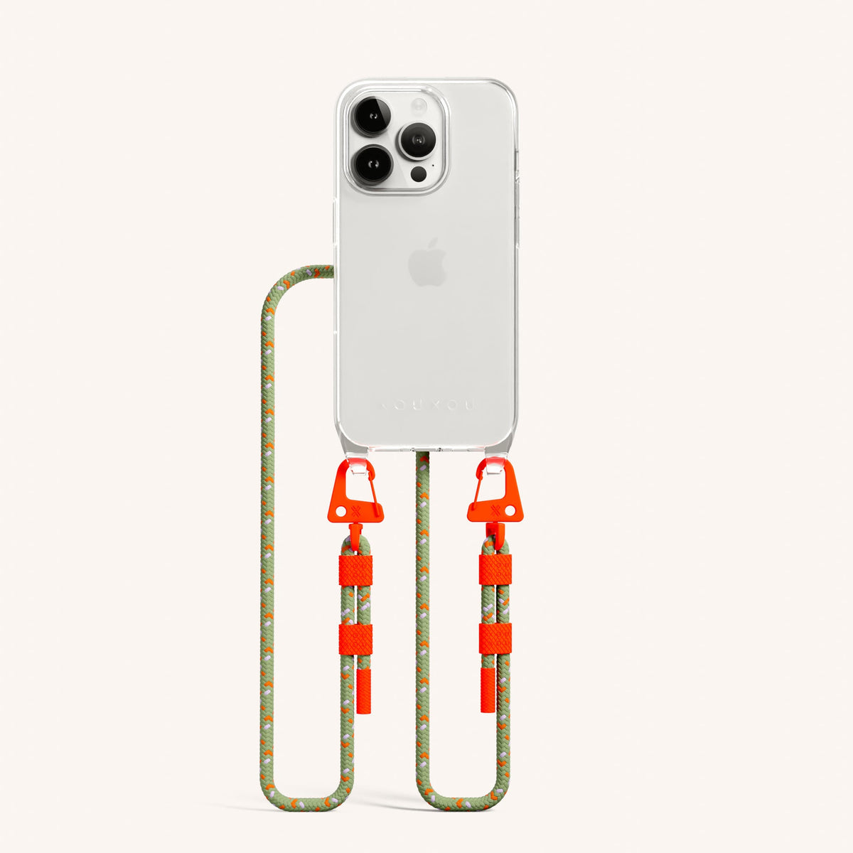 Clear Phone Necklace with Carabiner Rope for iPhone 15 Pro without MagSafe in Clear + Orange Camouflage Total View | XOUXOU #phone model_iphone 15 pro