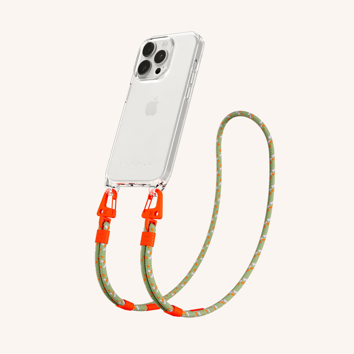 Clear Phone Necklace with Carabiner Rope for iPhone 15 Pro without MagSafe in Clear + Orange Camouflage Perspective View | XOUXOU #phone model_iphone 15 pro