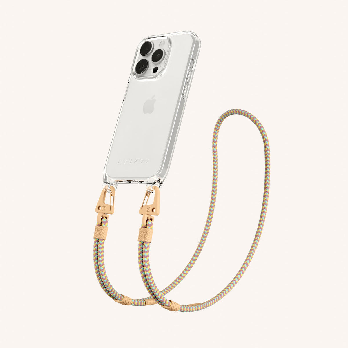 Clear Phone Necklace with Carabiner Rope for iPhone 15 Pro without MagSafe in Clear + Palm Springs Perspective View | XOUXOU #phone model_iphone 15 pro