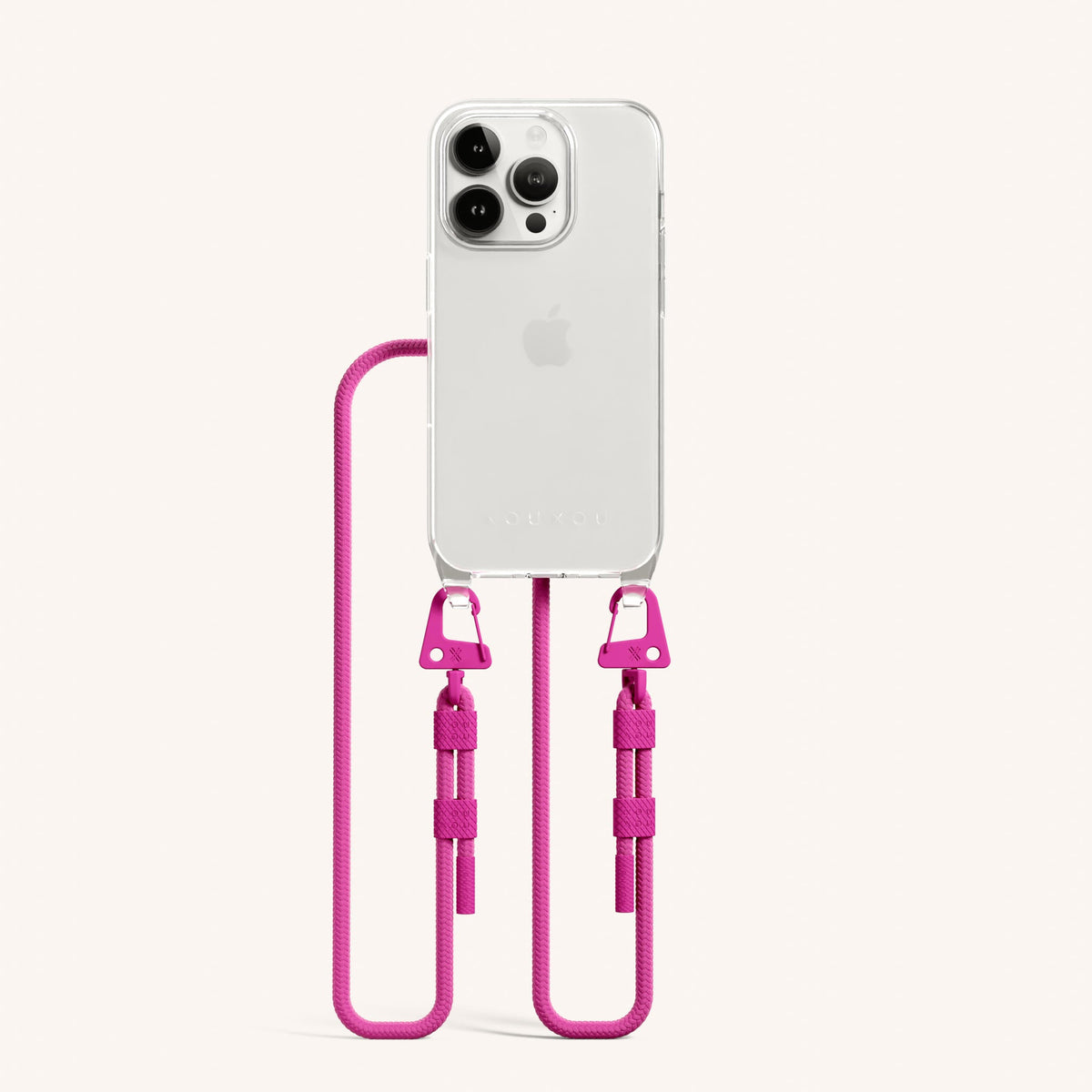Clear Phone Necklace with Carabiner Rope for iPhone 15 Pro without MagSafe in Clear + Power Pink Total View | XOUXOU #phone model_iphone 15 pro