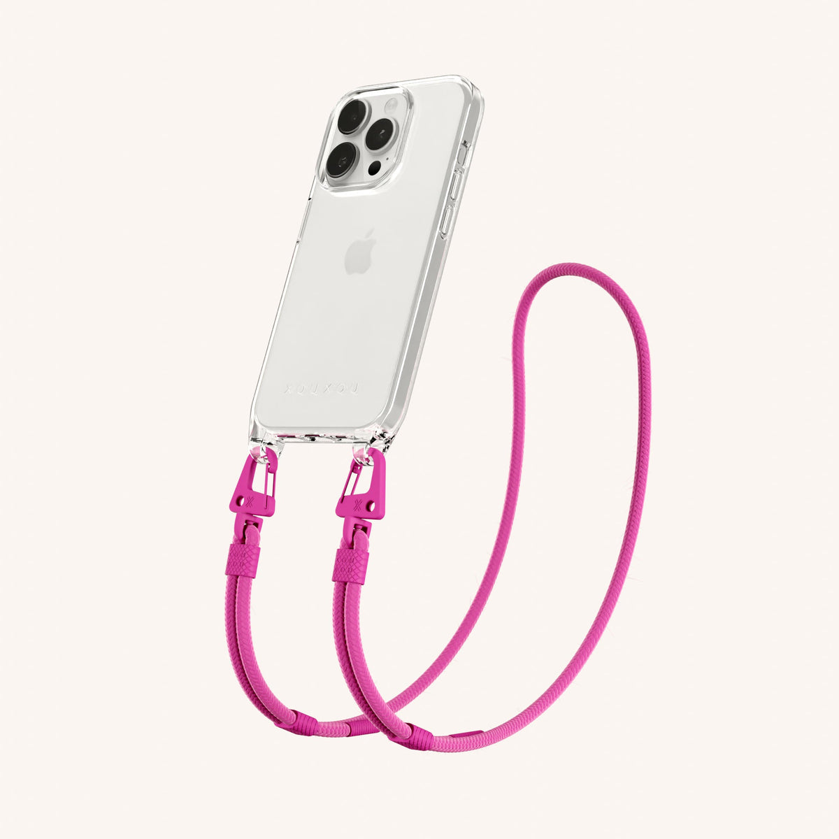 Clear Phone Necklace with Carabiner Rope for iPhone 15 Pro without MagSafe in Clear + Power Pink Perspective View | XOUXOU #phone model_iphone 15 pro
